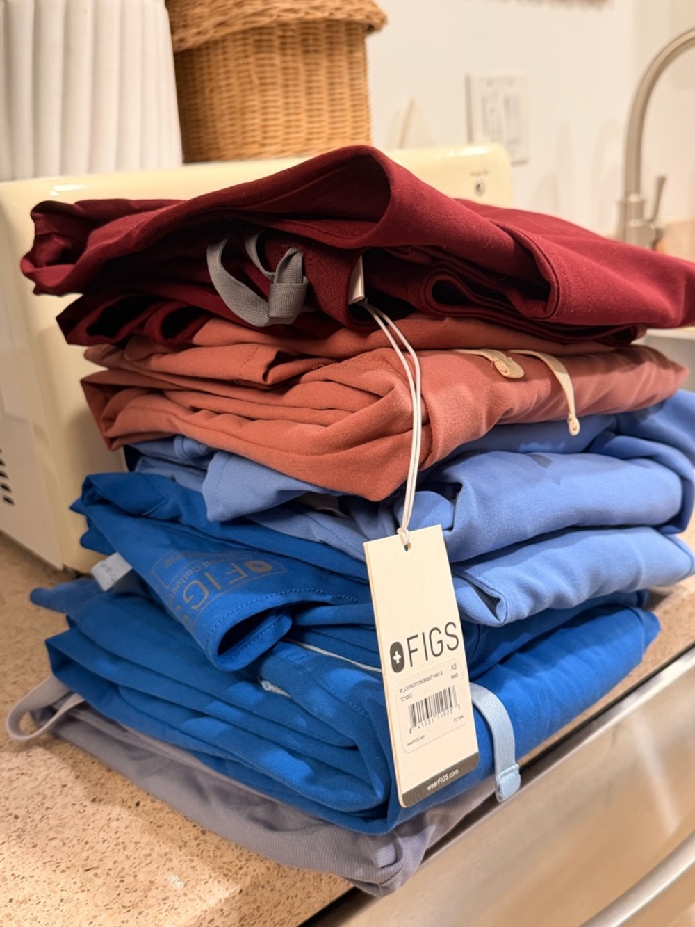 Figs Scrub Tops Stack in Burgundy, Rust & Blue Tones